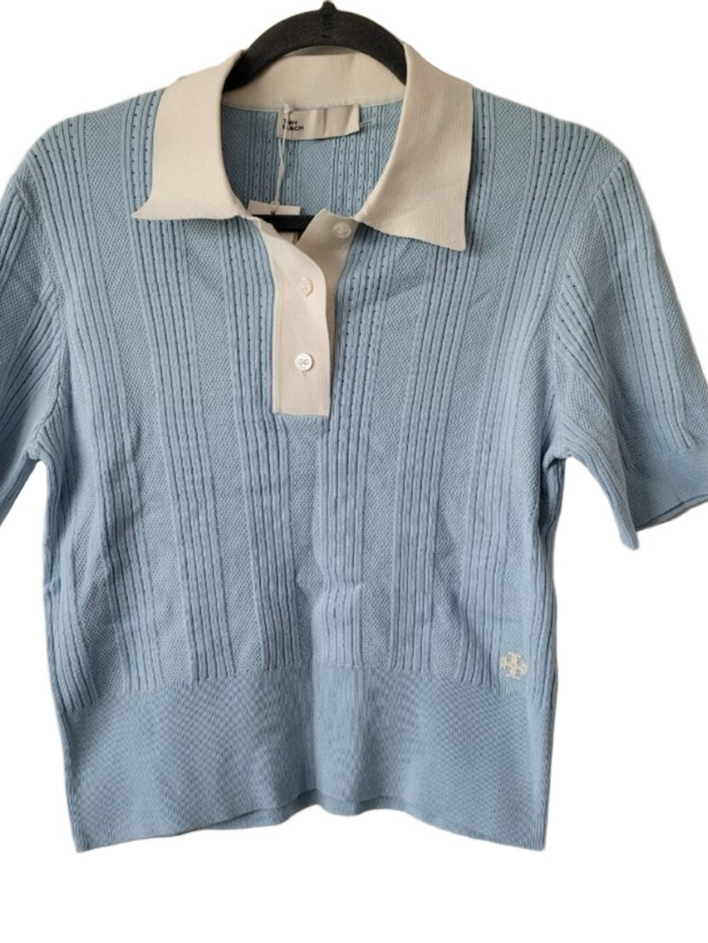 NWT TORY BURCH Cotton Pointelle Polo Sweater in Blue and Ivory Size L
